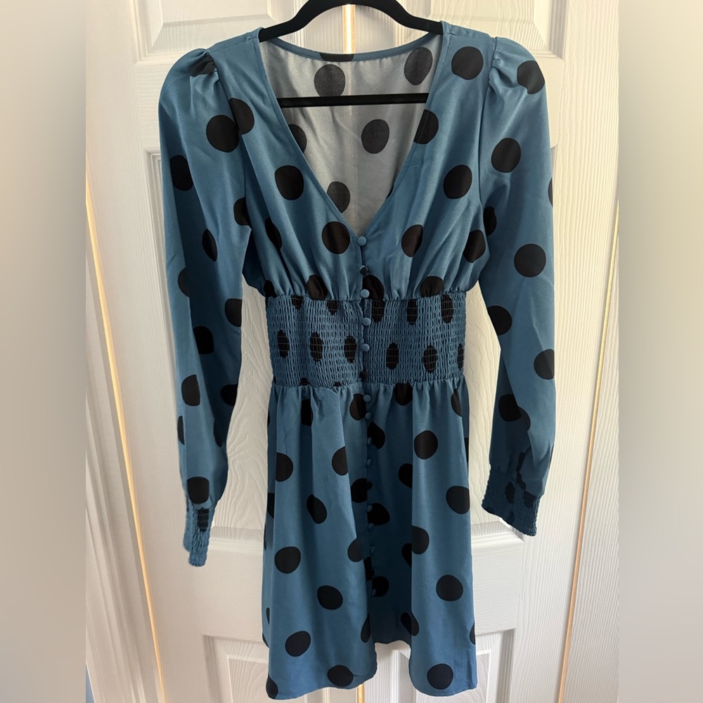 RIHOAS Blue Long Sleeve Polka Dot Smocked Waist Dress NEW